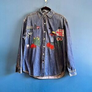 Vintage‎ Embroidered Shirt Women's Size Small Denim Farm Barn Beaded Speed Limit